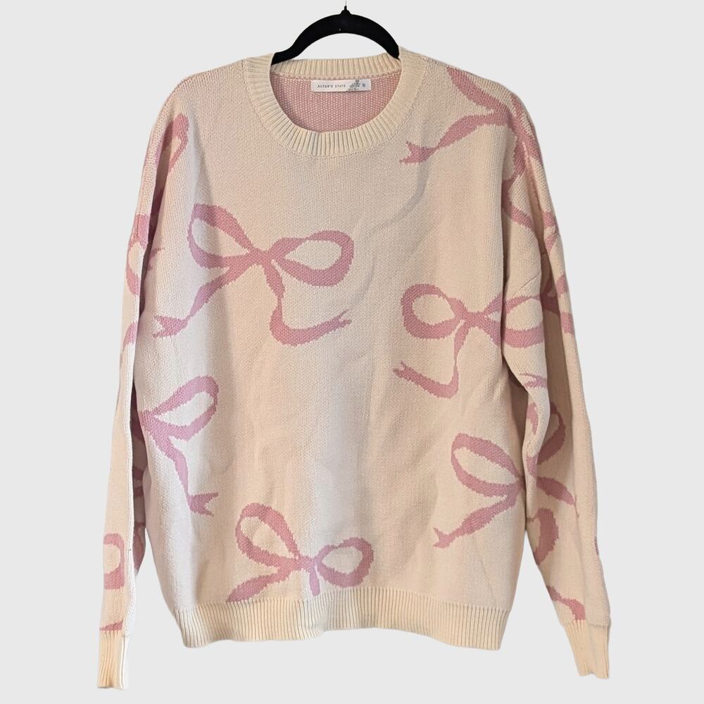 Altar'd State Pink Bow Sweater S Cream Oversized Coquette Ribbon Print Knit